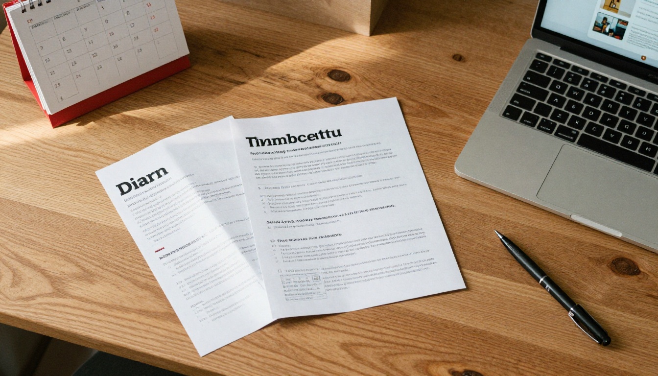 Printed brochure and newsletter on a desk next to a laptop showing a digital flipbook