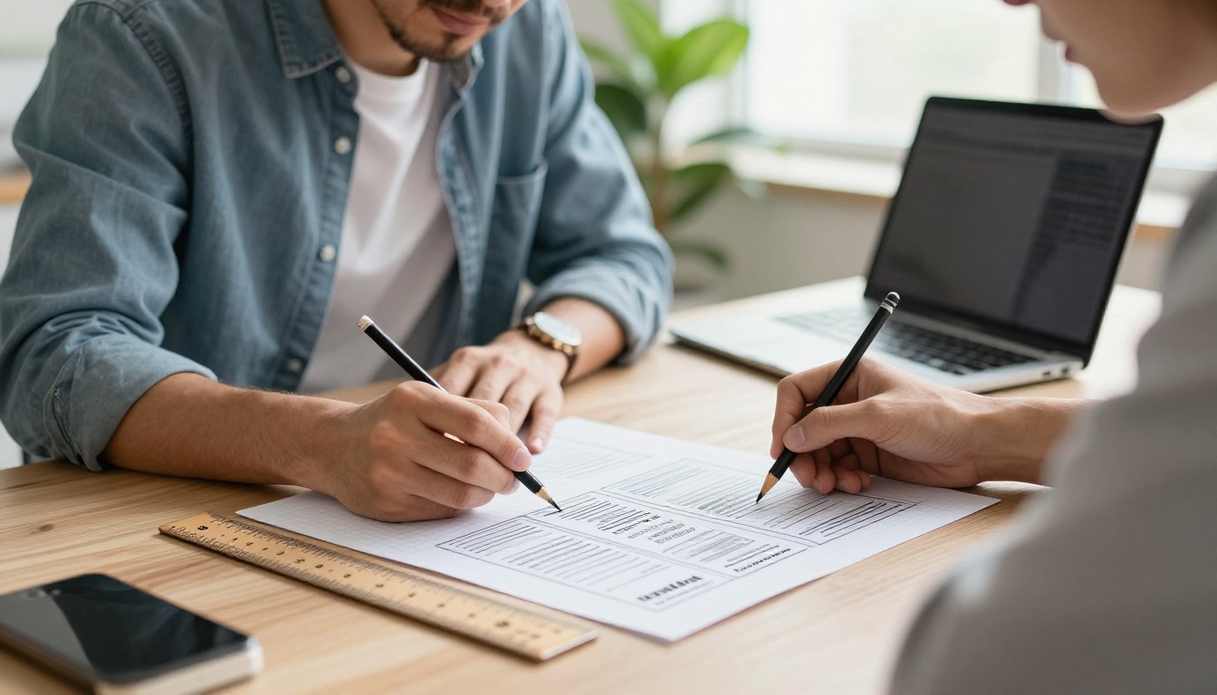 A person sketching a newsletter grid layout on graph paper