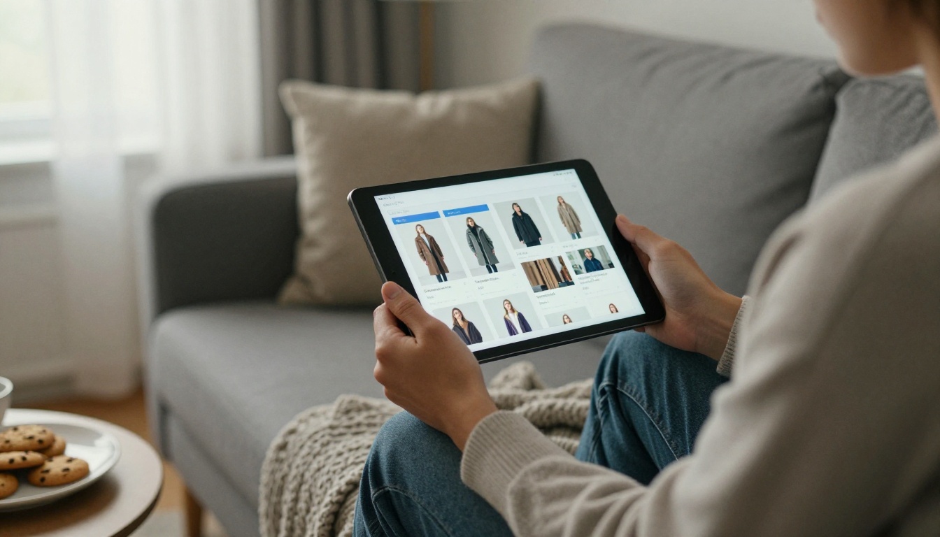 Shopper on a sofa browsing a digital catalog on a tablet in warm evening light
