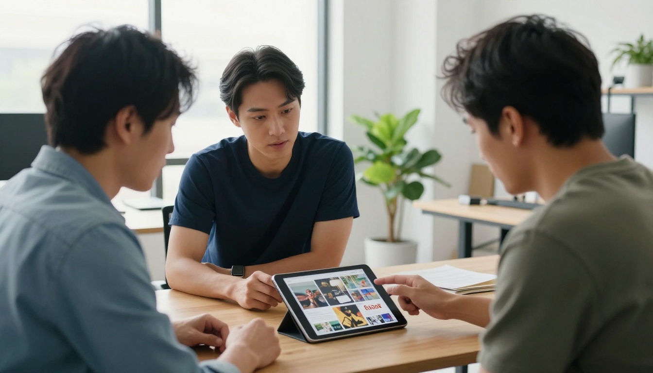 Two colleagues reviewing a magazine page on a tablet
