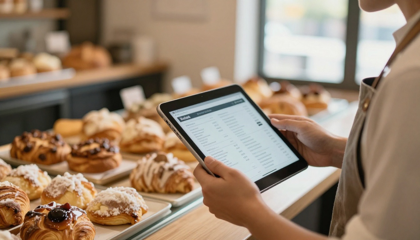 Bakery owner holding a tablet showing a digital menu flipbook at the counter