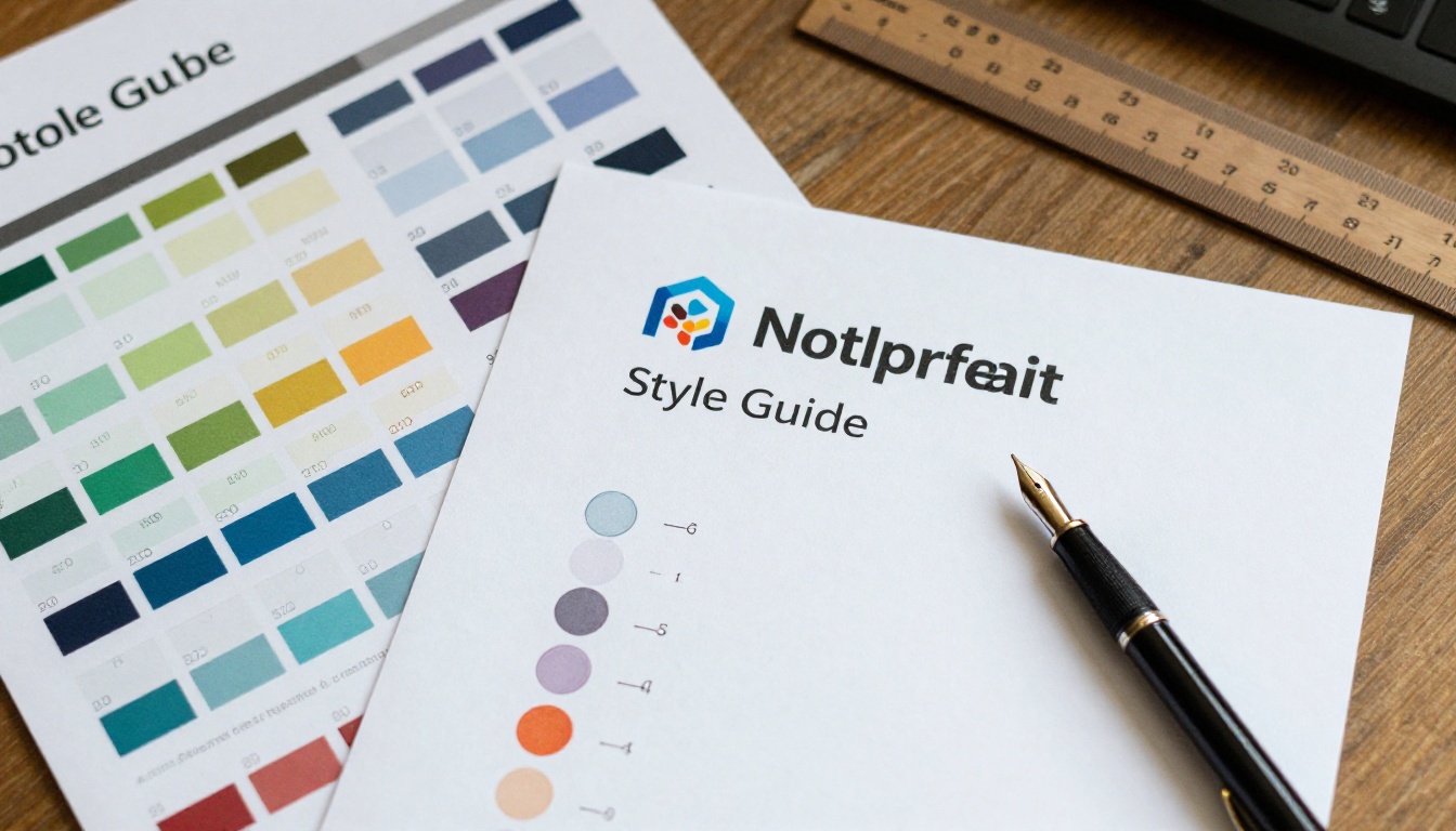 A desk with brand color swatches, logo and pen arranged for design work