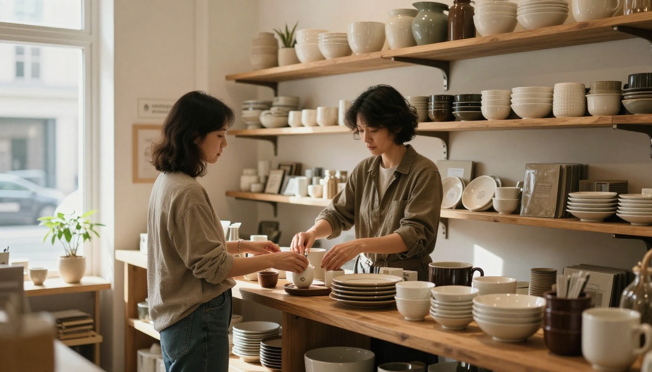 Boutique owner arranging products on a wooden shelf in a small store Boutique owner arranging products on a wooden shelf in a small store