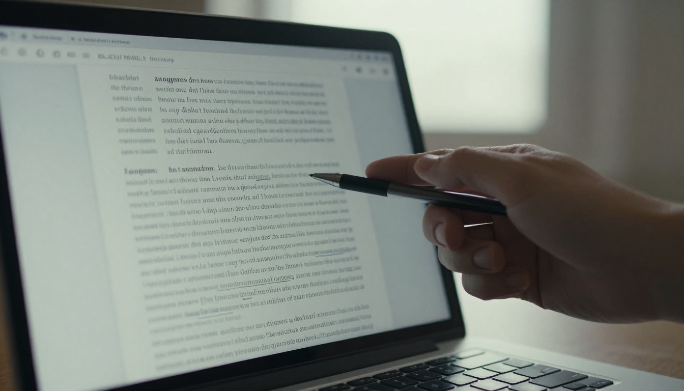 Close-up of a laptop screen showing a crisp document page being reviewed with a pen