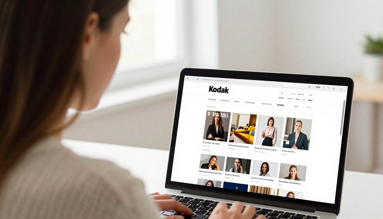 Over-the-shoulder view of a woman looking at a magazine style webpage on a laptop Over-the-shoulder view of a woman looking at a magazine style webpage on a laptop