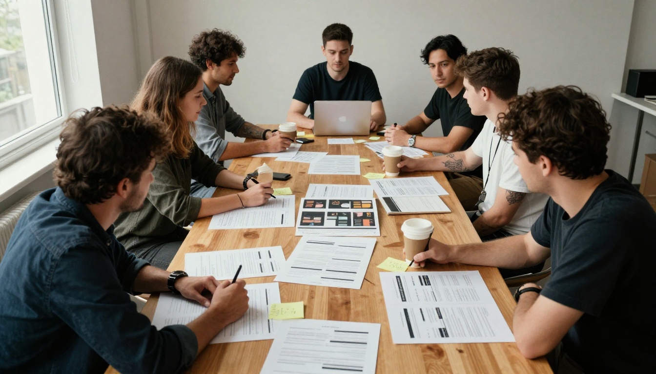 Team gathered around a table covered with printed email layouts and a catalog