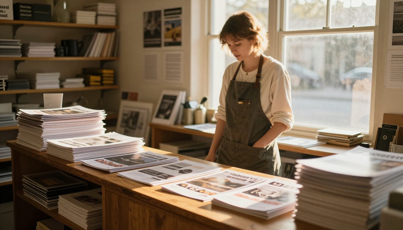 Print shop owner at a counter with stacks of brochures
