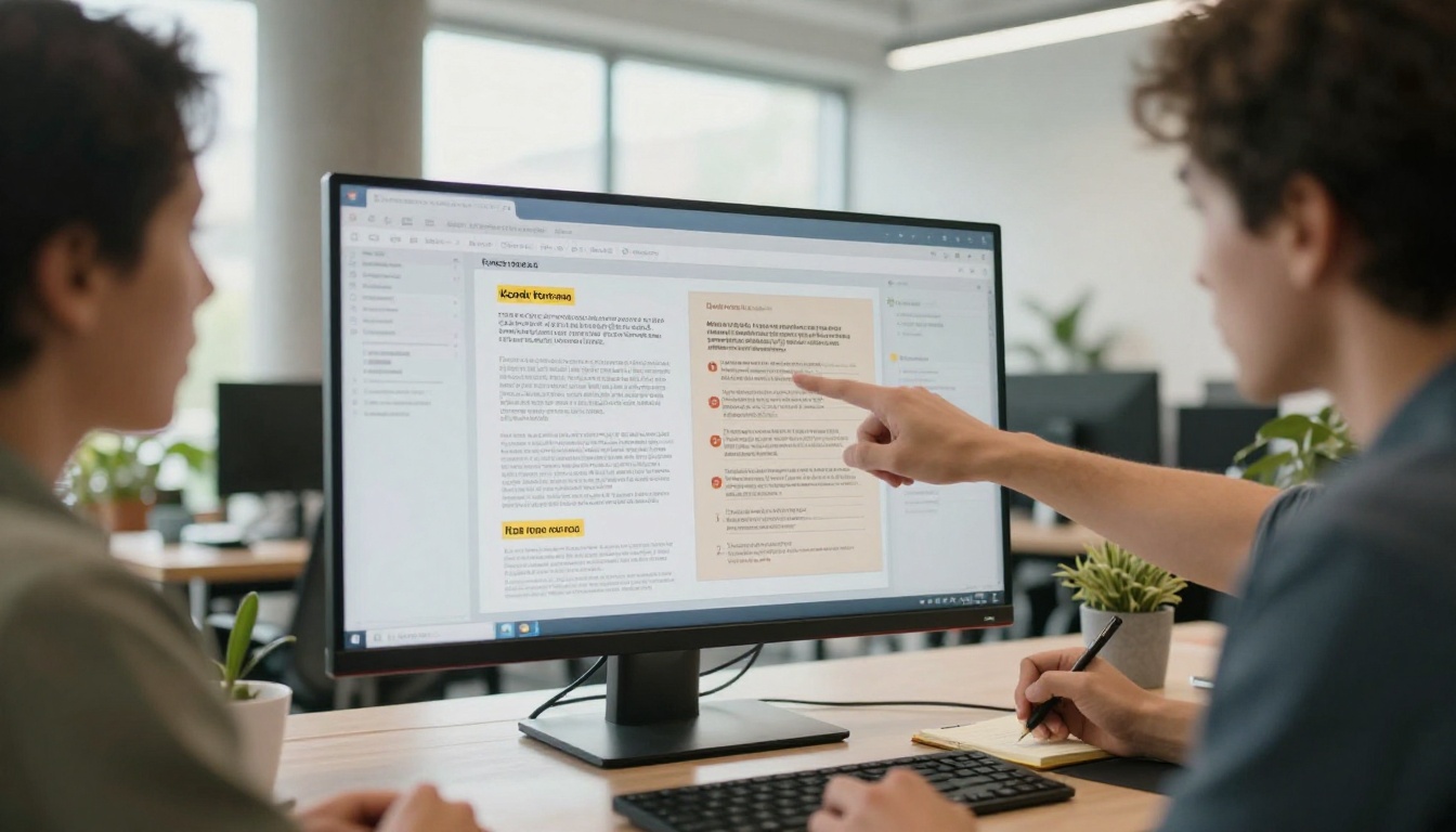 Two colleagues reviewing a digital brochure on a large monitor in a coworking space