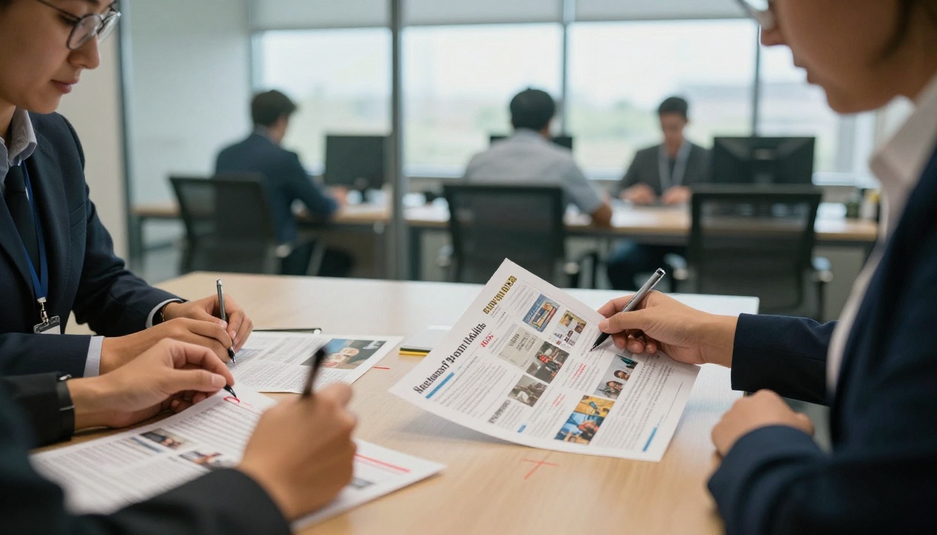 Two staff members reviewing a printed newsletter proof with red pen marks