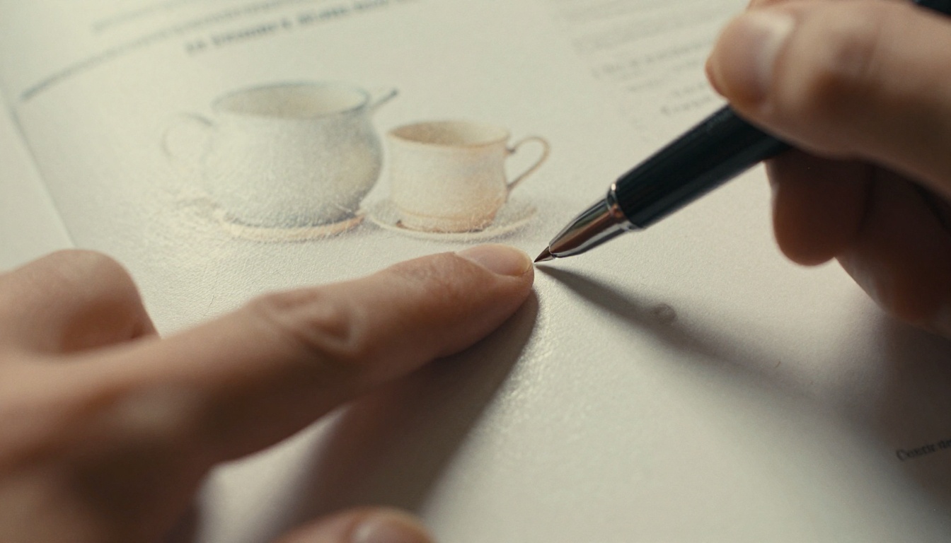 Close-up of a hand pointing at a glossy catalog page of ceramic homeware