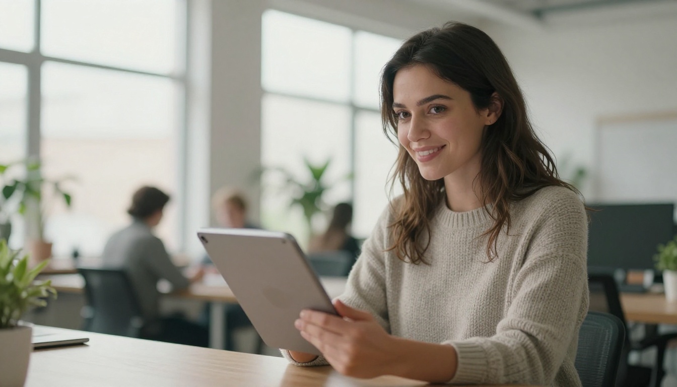 Smiling woman holding a tablet in a co-working space