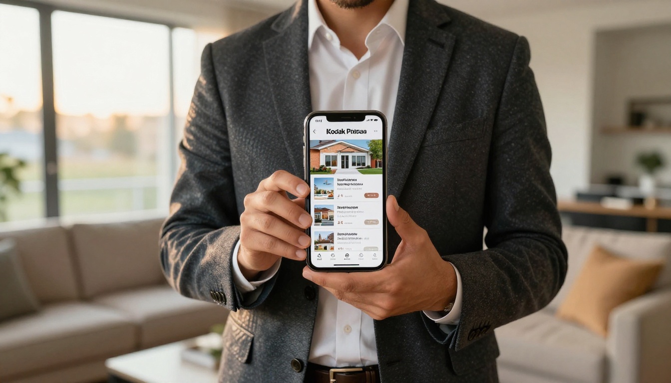 Real estate agent holding a phone with a digital property brochure in a bright living room