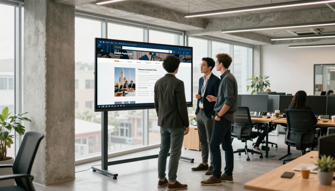 Two colleagues reviewing a website on a large monitor in a bright office Two colleagues reviewing a website on a large monitor in a bright office