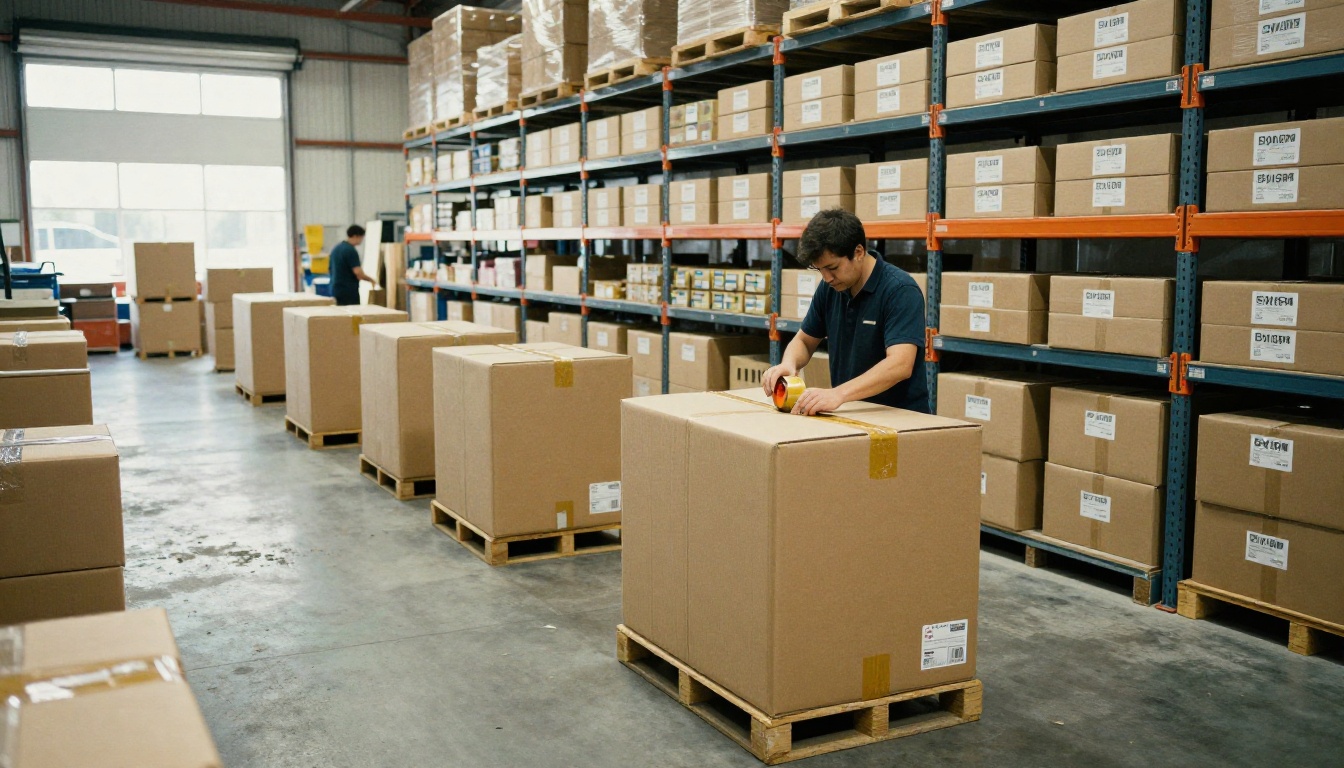 Worker sealing a shipping box at a tidy warehouse packing station