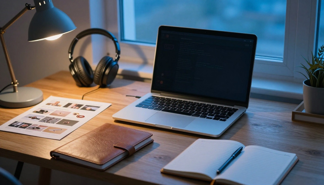 Freelancer desk at dusk with laptop and printed catalog