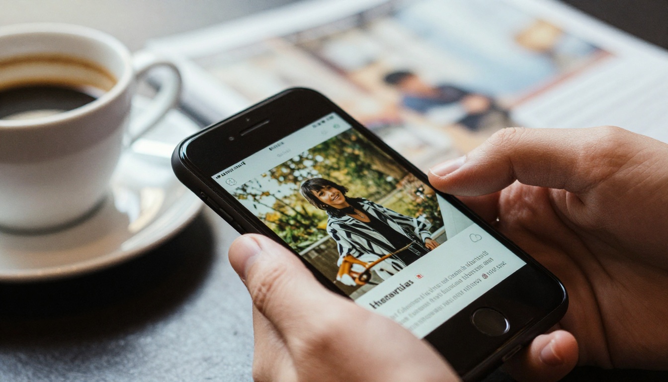 Hand holding a smartphone showing a digital magazine mid page turn beside a coffee cup