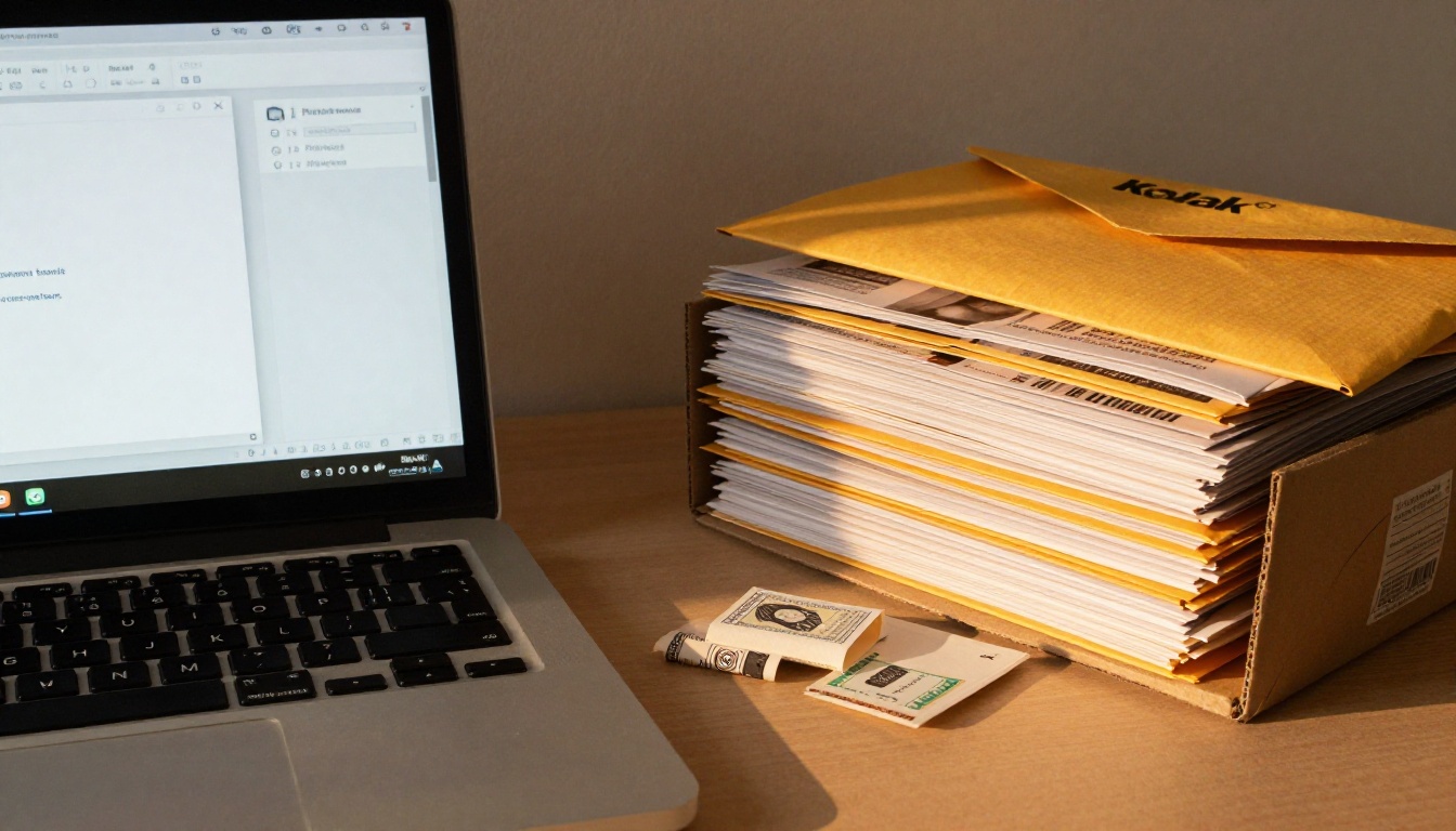 Printed newsletters in a box beside a laptop showing a PDF export window