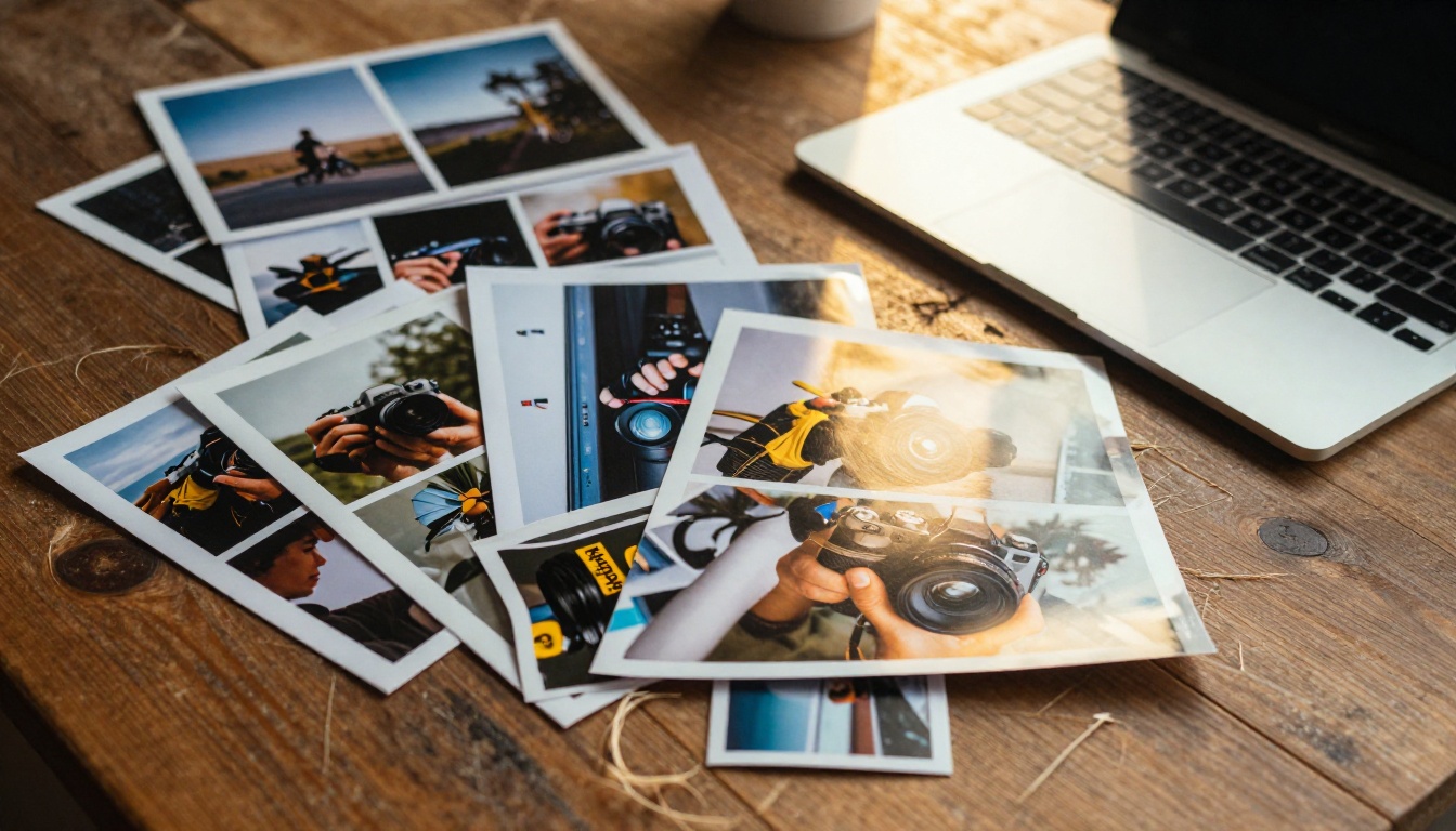 Printed portfolio and catalog fanned out on a wooden table beside a laptop Printed portfolio and catalog fanned out on a wooden table beside a laptop