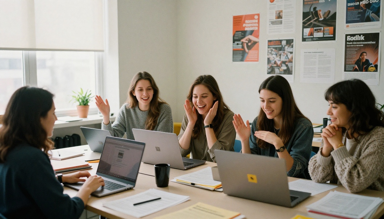 A small team celebrating around a laptop after publishing their documents online