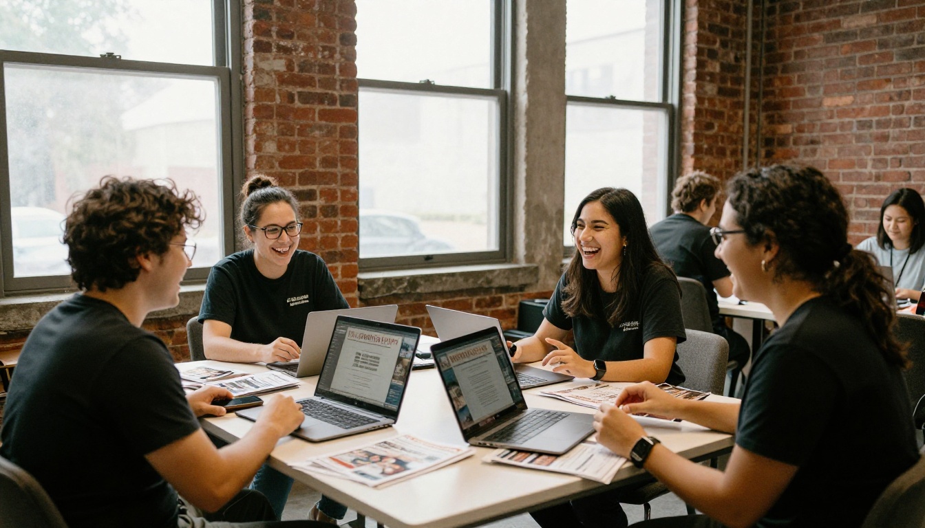 A nonprofit team laughing together around a table with newsletters and laptops