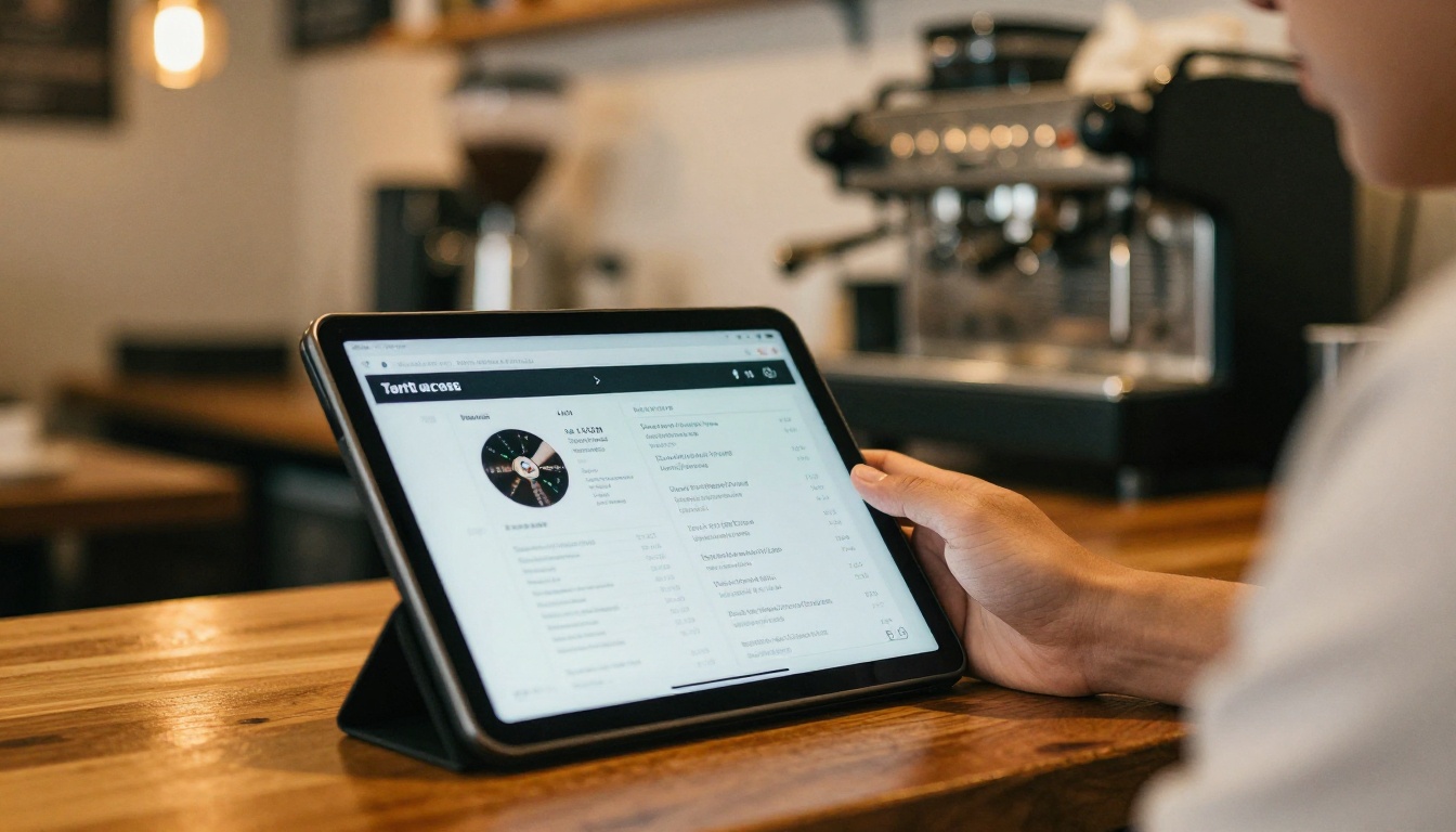 Cafe owner looking at a tablet showing a digital menu Cafe owner looking at a tablet showing a digital menu
