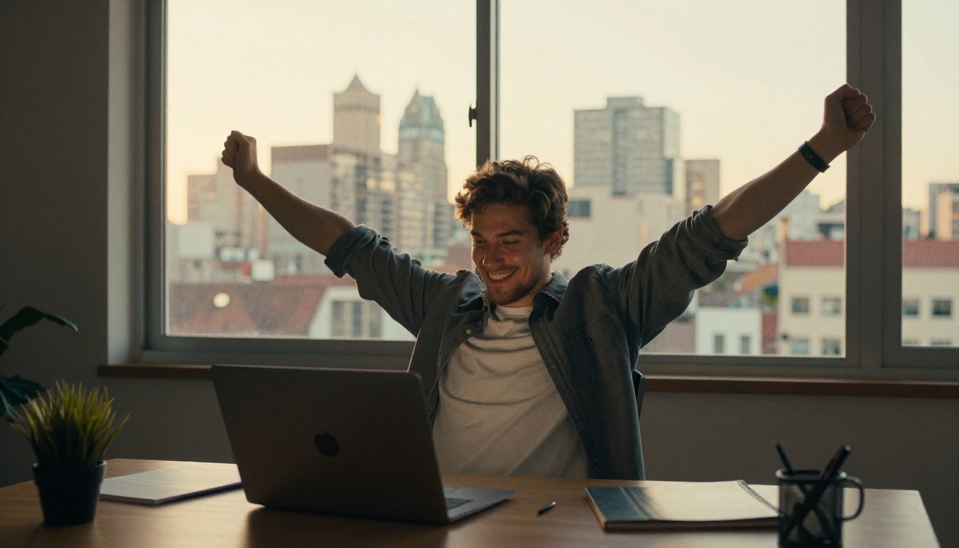 Freelancer stretching happily at a desk by a window at golden hour Freelancer stretching happily at a desk by a window at golden hour