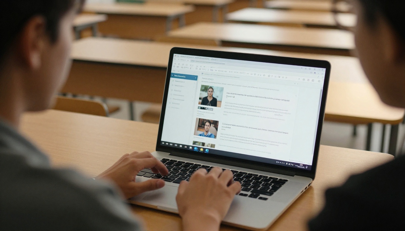 Teacher typing at a laptop in an empty classroom after hours