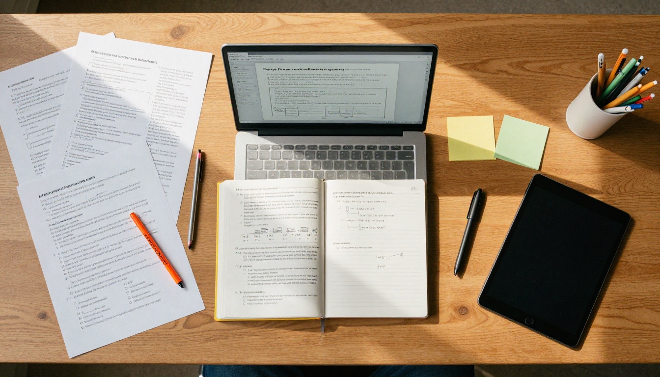 Aerial view of a teacher desk with a laptop showing a digital flipbook, printed pages, and a tablet Aerial view of a teacher desk with a laptop showing a digital flipbook, printed pages, and a tablet