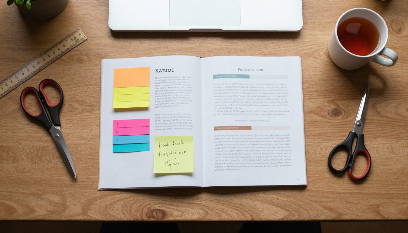 Flat lay of a printed tri-fold booklet, sticky notes, and a laptop on a wooden desk