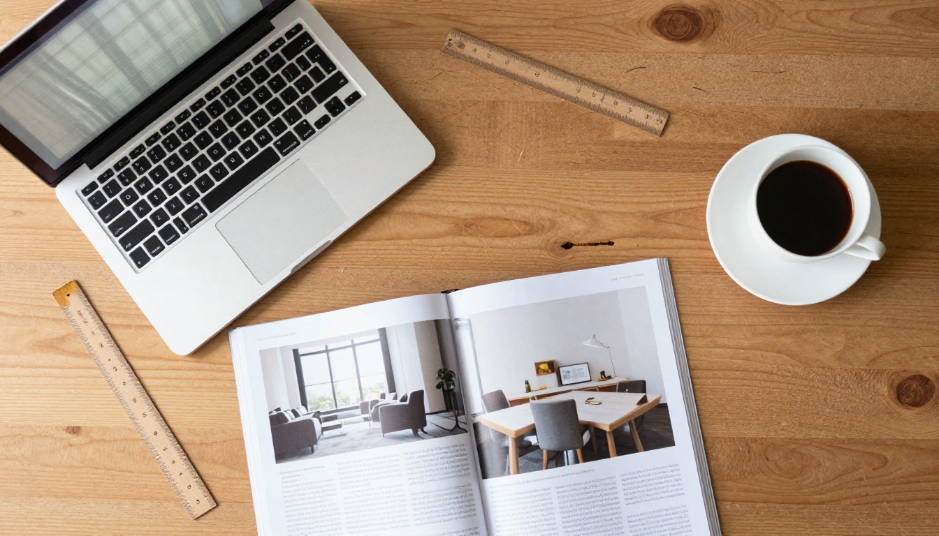 Overhead view of a designer desk with printed magazine spread and coffee