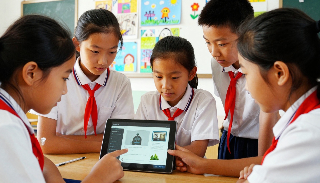Students gathered around a tablet viewing an interactive digital book Students gathered around a tablet viewing an interactive digital book