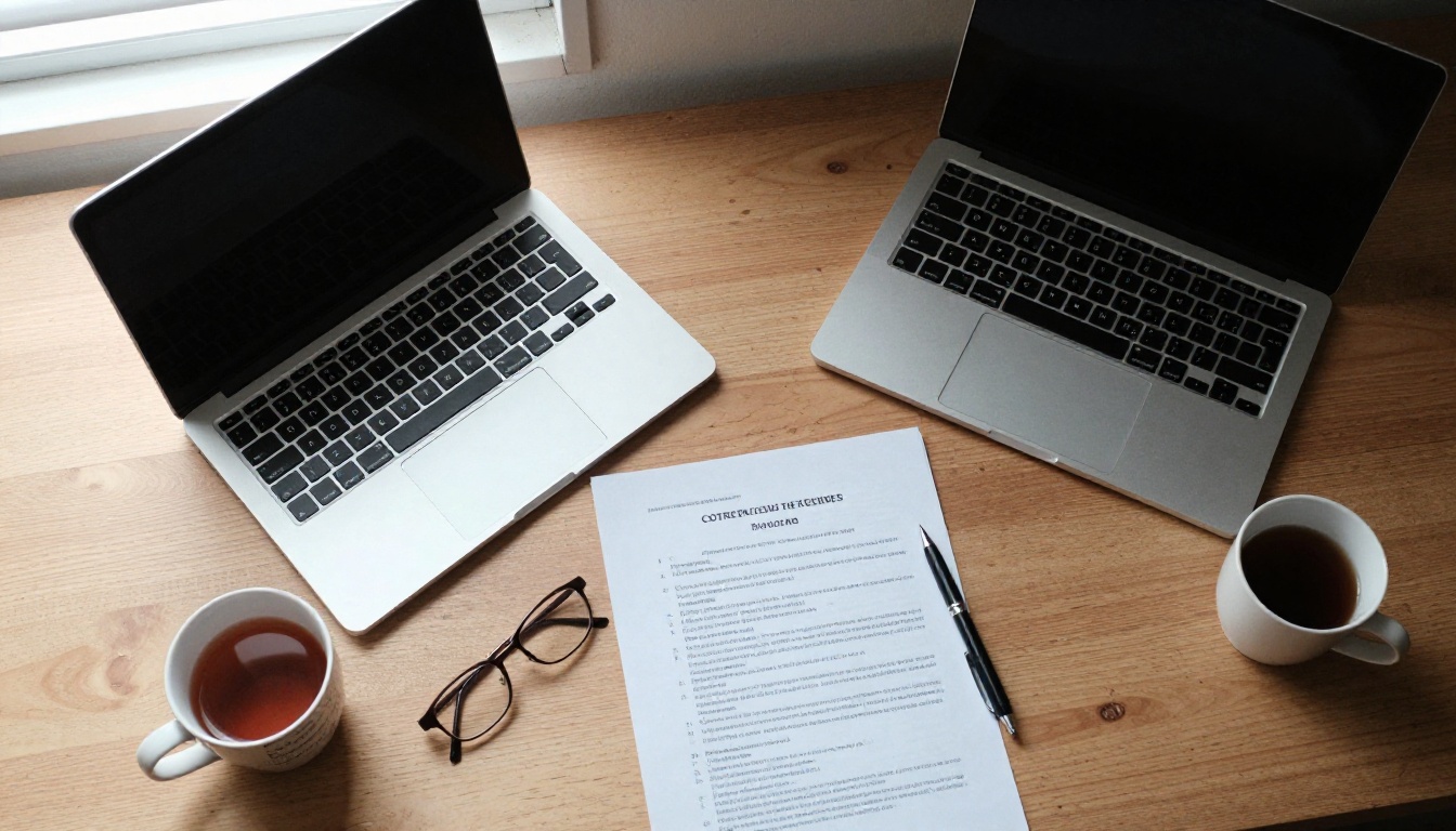 Aerial view of a desk with a laptop, printed course packet, and a cup of tea