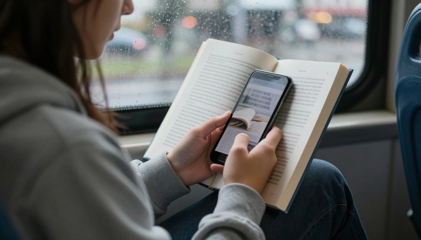 Student reading a course text on a phone during a bus ride