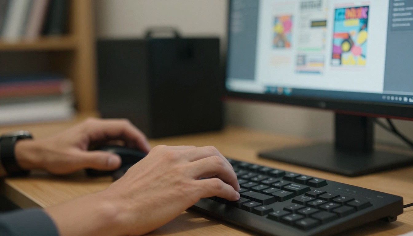 Man's hands working on a keyboard while a page layout appears on screen