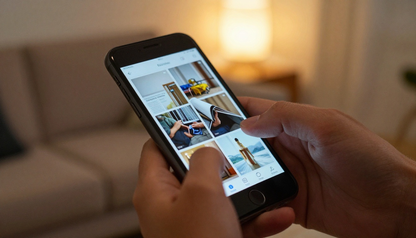 Close-up of hands holding a smartphone displaying a digital magazine page Close-up of hands holding a smartphone displaying a digital magazine page