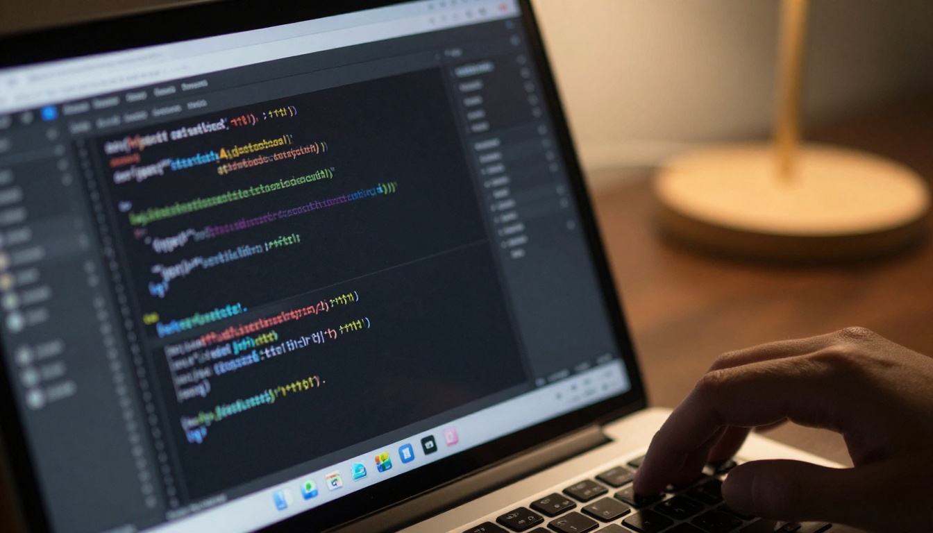Close-up of a laptop screen with HTML code and a developer's hand on the trackpad