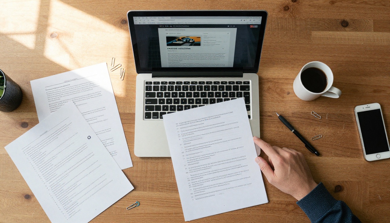 Overhead view of a desk covered with printed handouts, a laptop and a coffee cup
