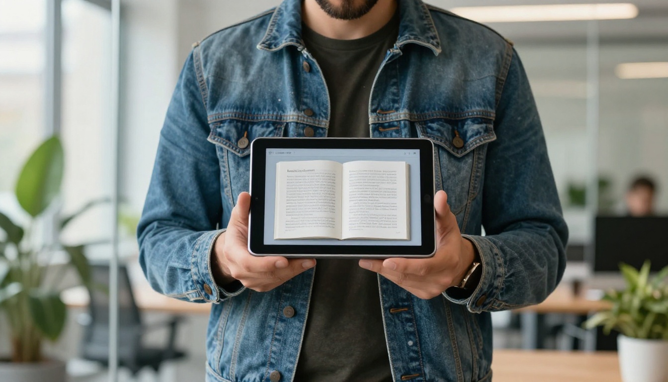 Man holding a tablet showing a digital page-turning booklet