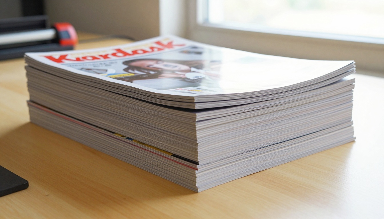 Low angle view of freshly printed magazines beside a paper cutter