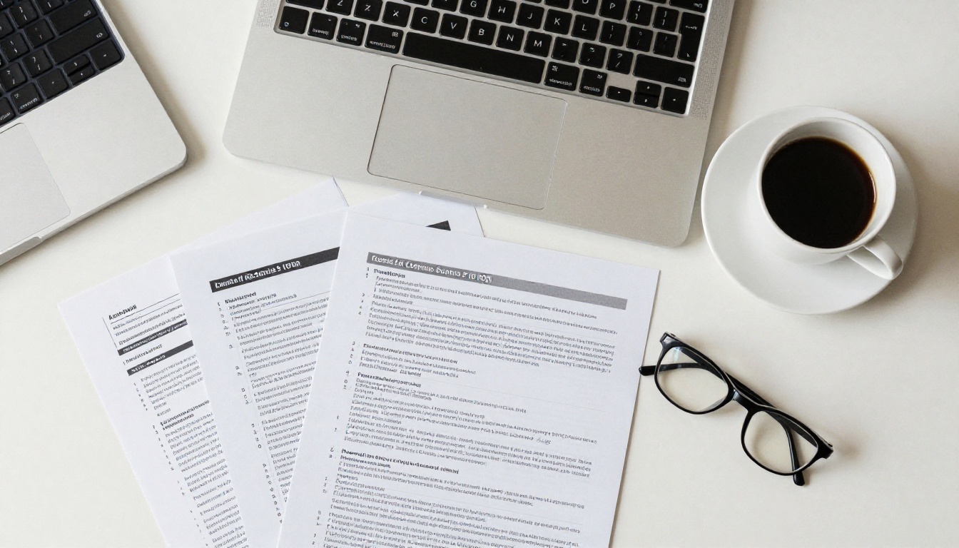 Overhead view of a desk with printed reports and a laptop Overhead view of a desk with printed reports and a laptop