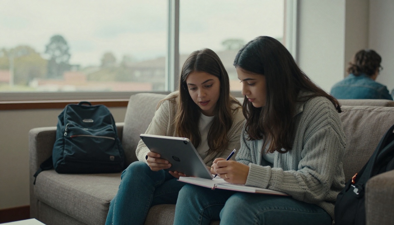 Two college students studying together on a lounge sofa with a tablet and notes