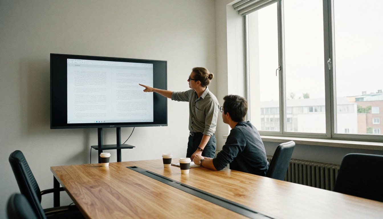 Two colleagues reviewing a digital booklet on a large monitor in a bright office