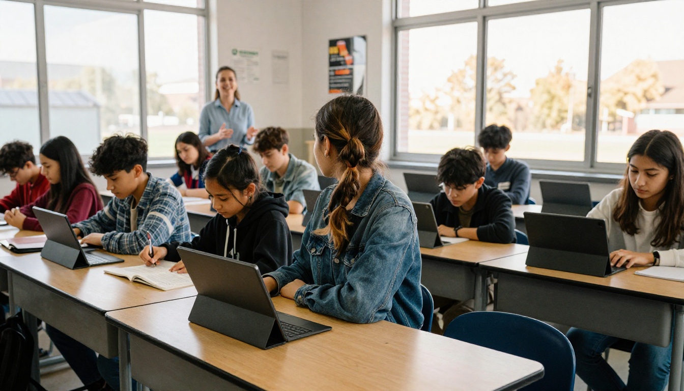 Students in a bright classroom holding tablets while a teacher gestures nearby