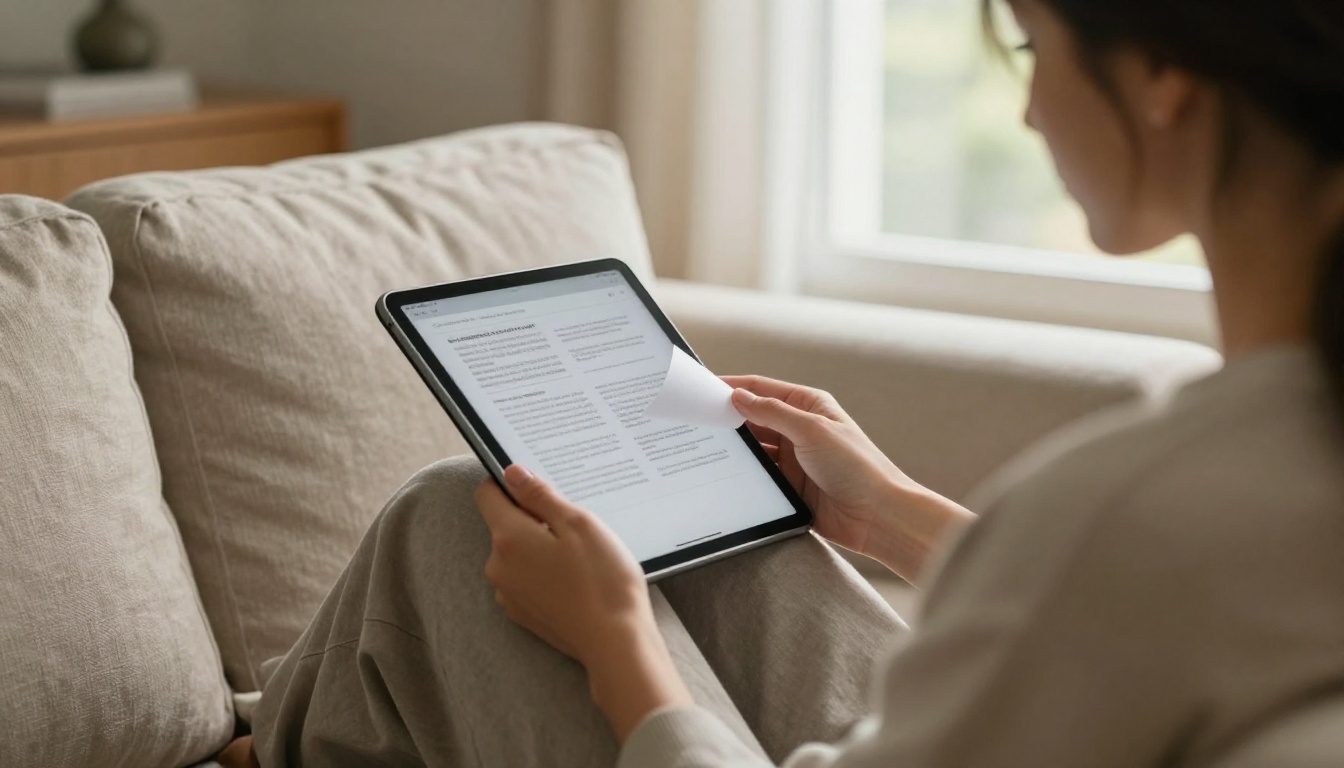 Woman reading a digital brochure on a tablet in a bright living room
