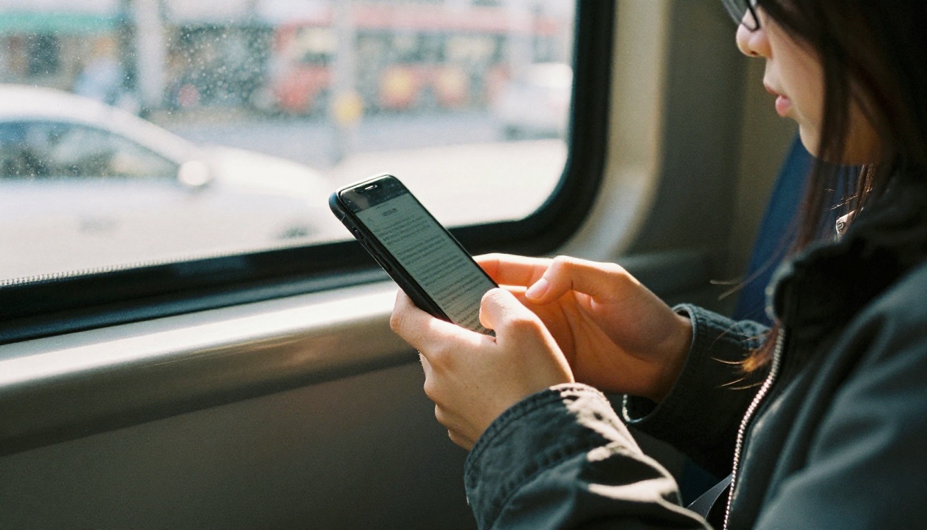 Student on a city bus reading a digital book on a smartphone