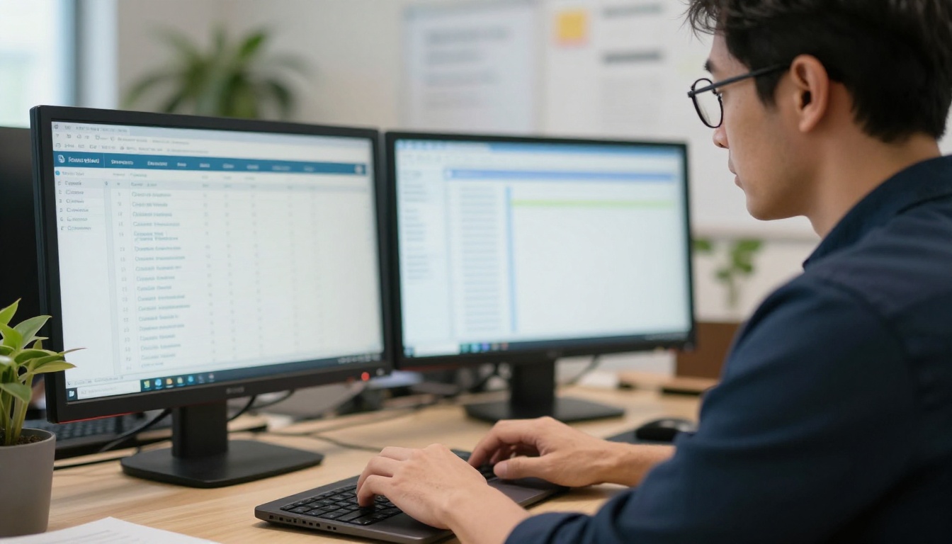 Instructional designer typing on a laptop beside a monitor with a course list