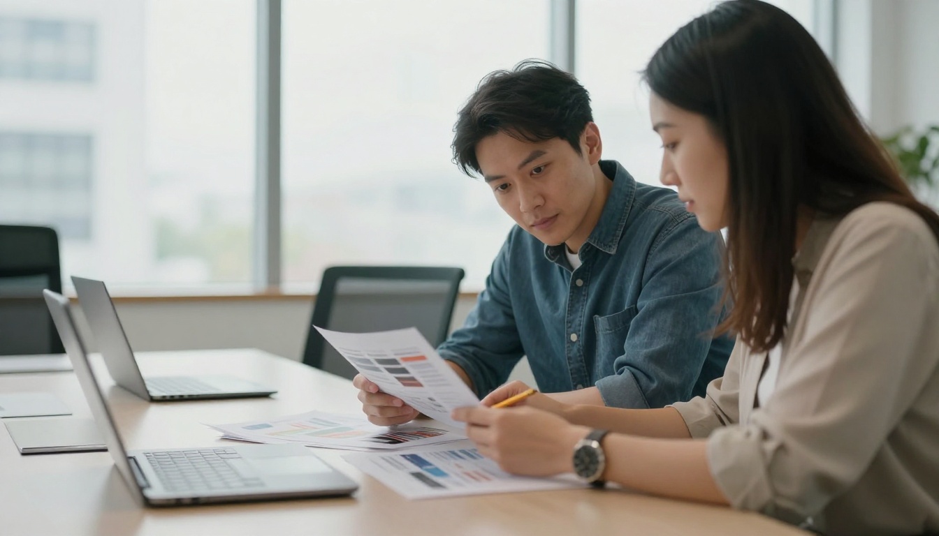 Two colleagues checking a printed catalog proof at a meeting table