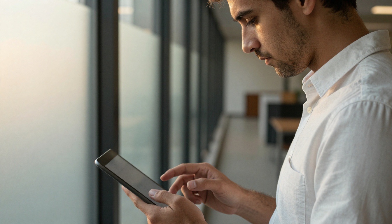 Man reading a tablet in a quiet office corridor Man reading a tablet in a quiet office corridor