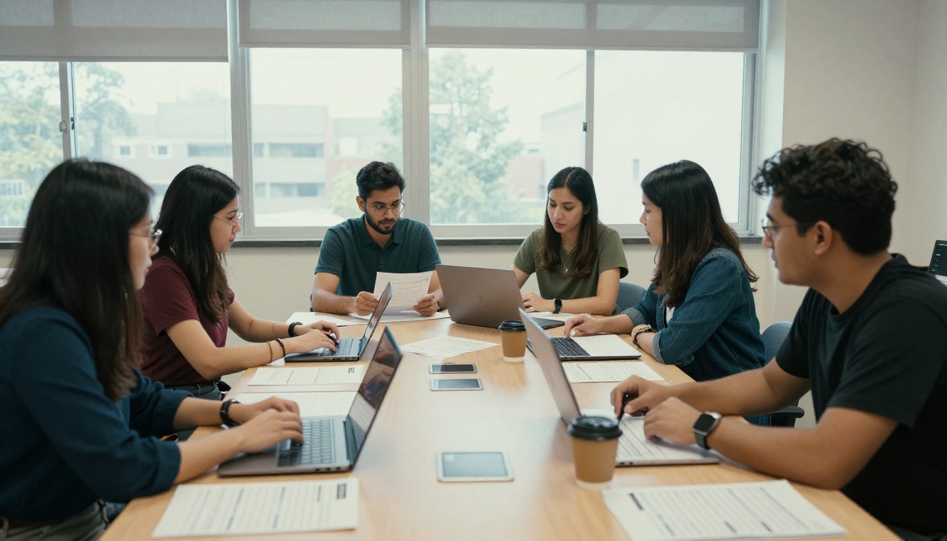 Four teachers around a meeting room table reviewing materials on laptops Four teachers around a meeting room table reviewing materials on laptops