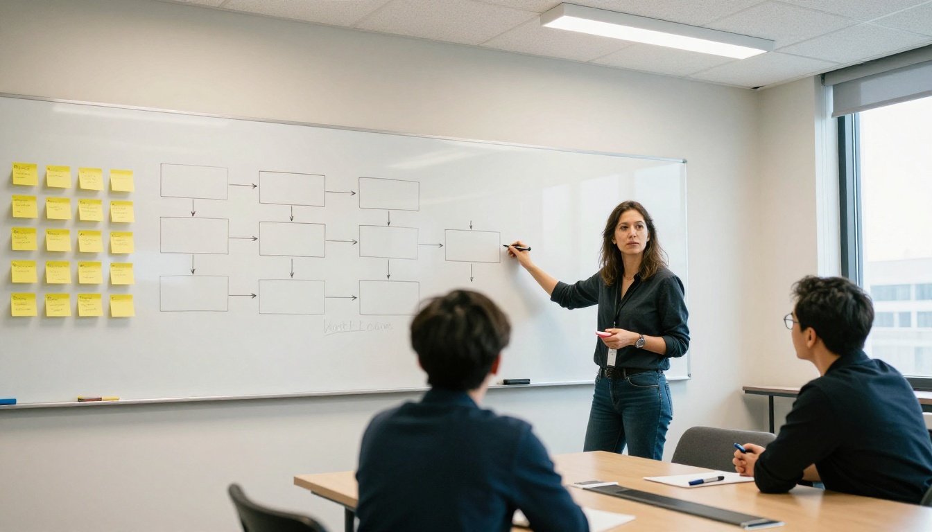 Instructional designers planning a course flow at a whiteboard